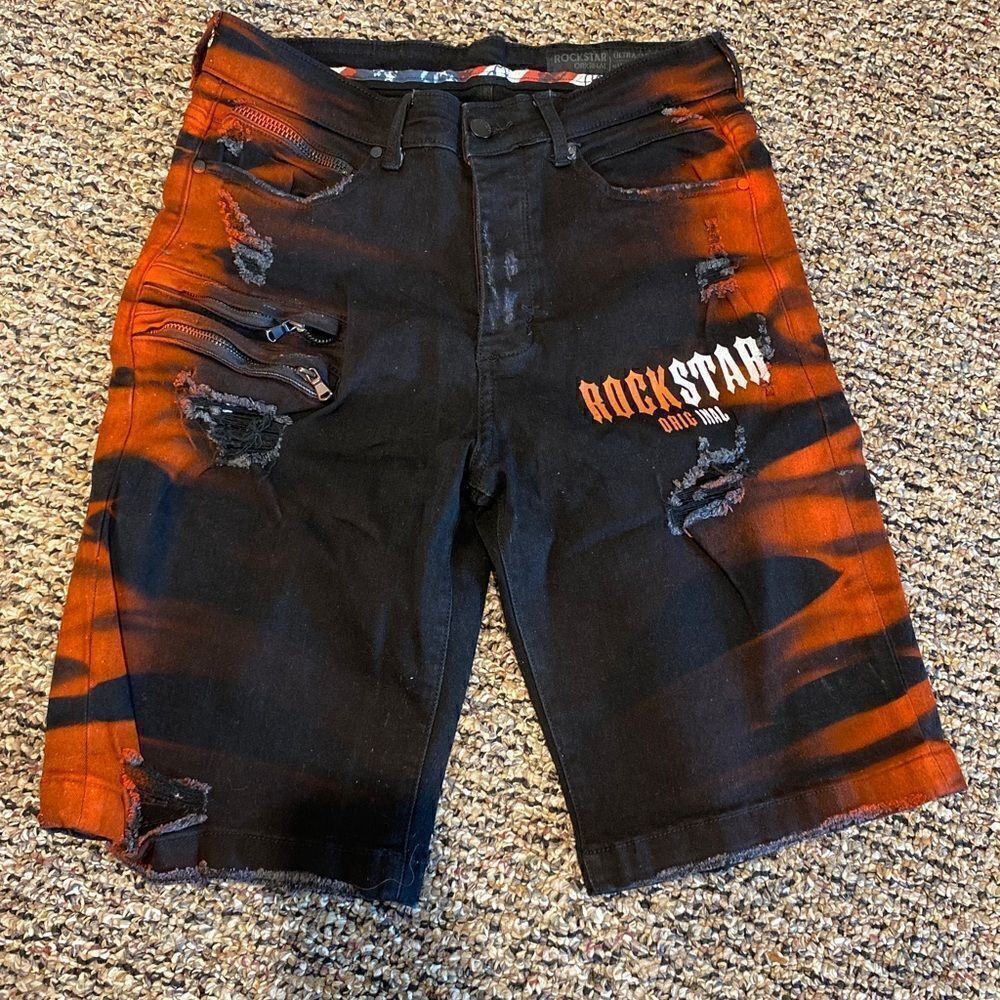 NWOT Rockstar Original denim shorts sz 30 destroyed black wash w/design